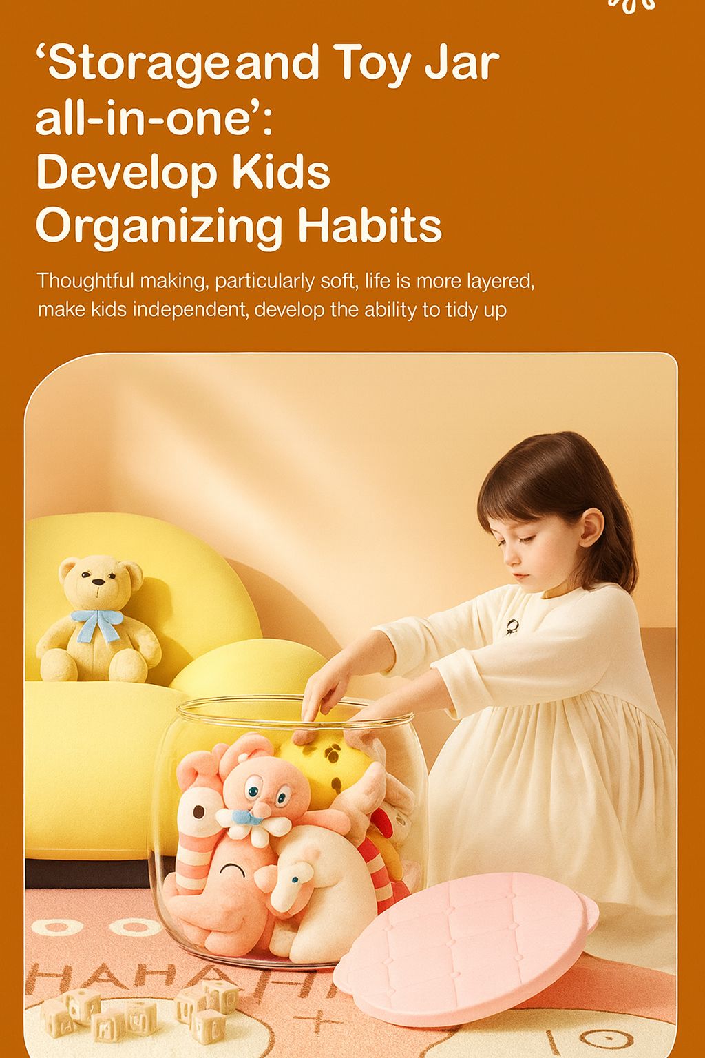 Child playing with a toy jar and stuffed animals on a soft surface, with text about developing kids' organizing habits.