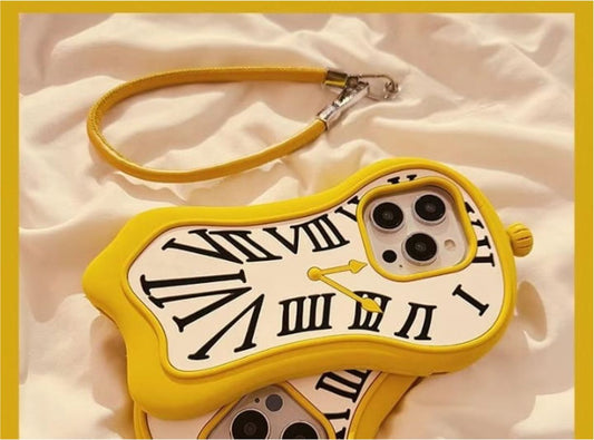 Phone case with clock design and yellow strap on a soft fabric background