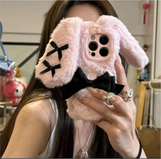 Plush Pink Bunny Ears iPhone Case with Black Bow – Cute & Fluffy Cover