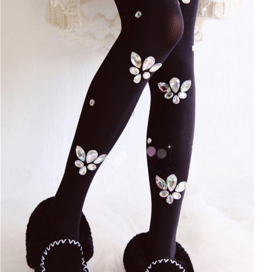 Luxury Crystal Gemstone Stockings – Black & White | Medium Thickness Fashion Tights for Women