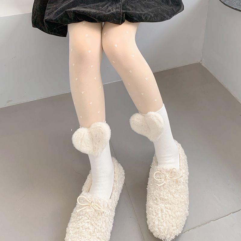 Plush Hearts Mid-Calf Socks for Women – Cute Cozy Calf Length Socks (White & Black)