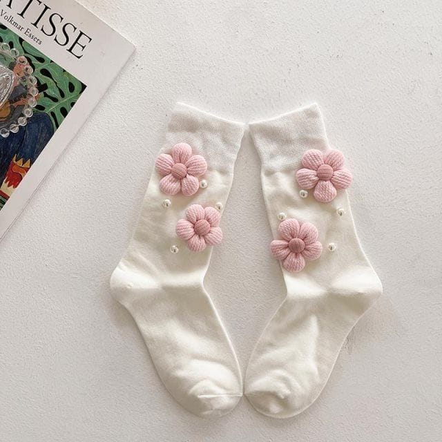 Pearl Flower Calf Socks for Women – White & Black | Cute Embroidered Socks with Pearls