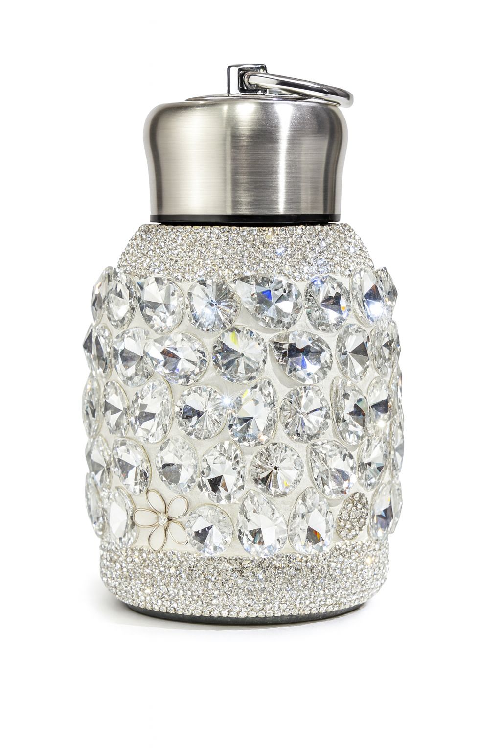 Luxury Rhinestone Stainless Steel Bottle – Crystal Bling Flask with Floral Accents (Pink/White/Green)