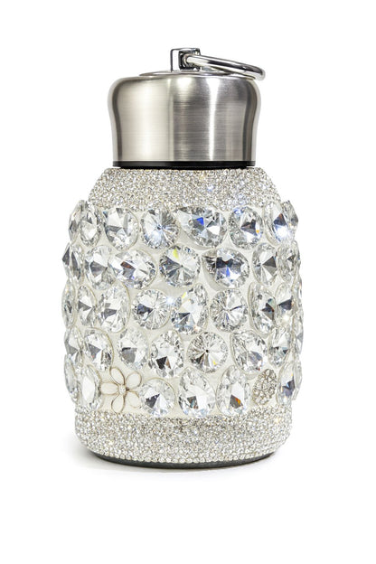 Luxury Rhinestone Stainless Steel Bottle – Crystal Bling Flask with Floral Accents (Pink/White/Green)