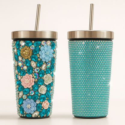 Two decorative tumblers with floral and polka dot patterns on a white background