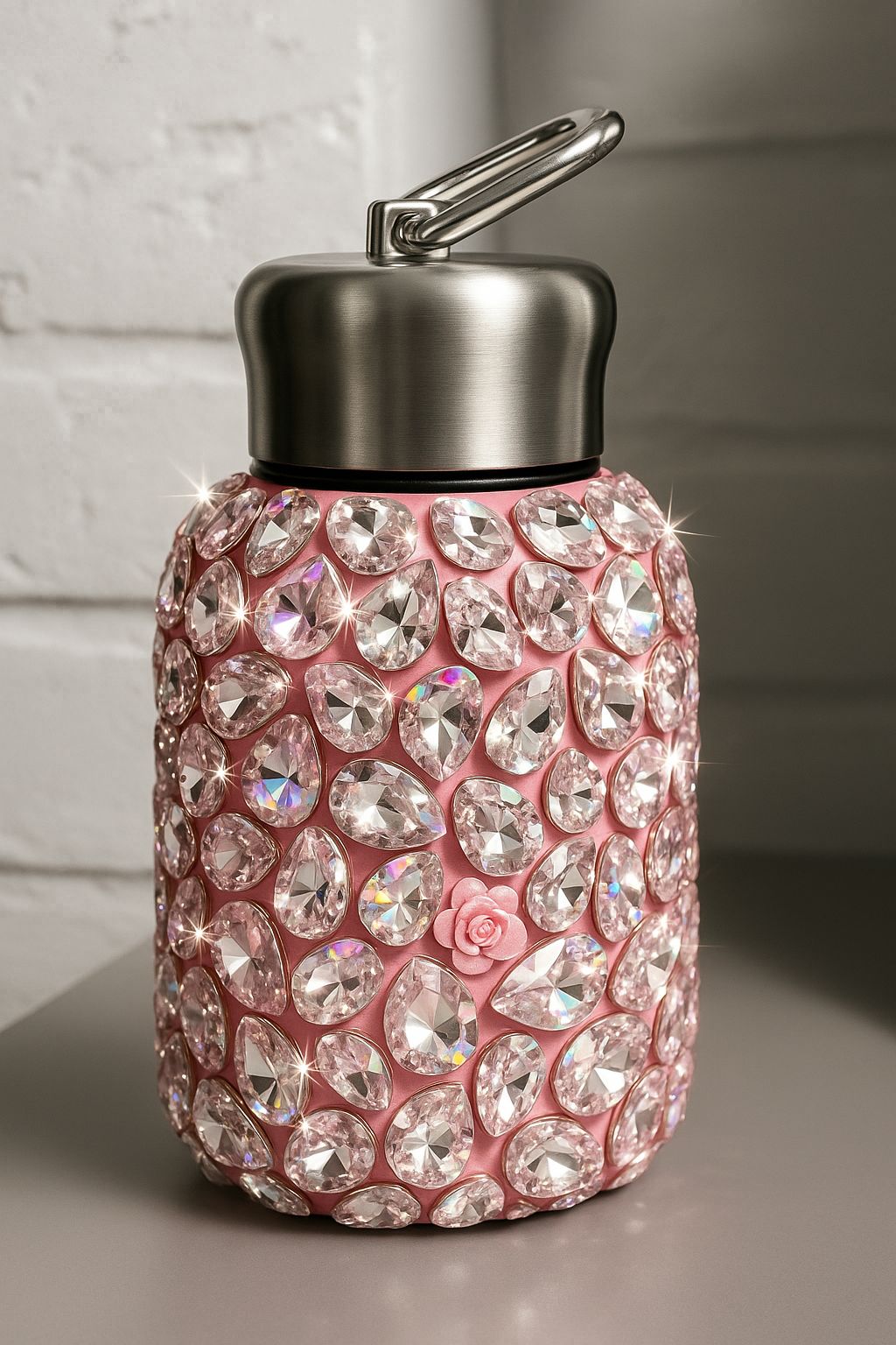 Luxury Rhinestone Stainless Steel Bottle – Crystal Bling Flask with Floral Accents (Pink/White/Green)