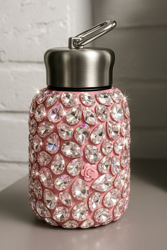 Luxury Rhinestone Stainless Steel Bottle – Crystal Bling Flask with Floral Accents (Pink/White/Green)