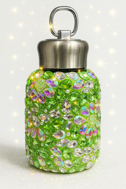 Luxury Rhinestone Stainless Steel Bottle – Crystal Bling Flask with Floral Accents (Pink/White/Green)