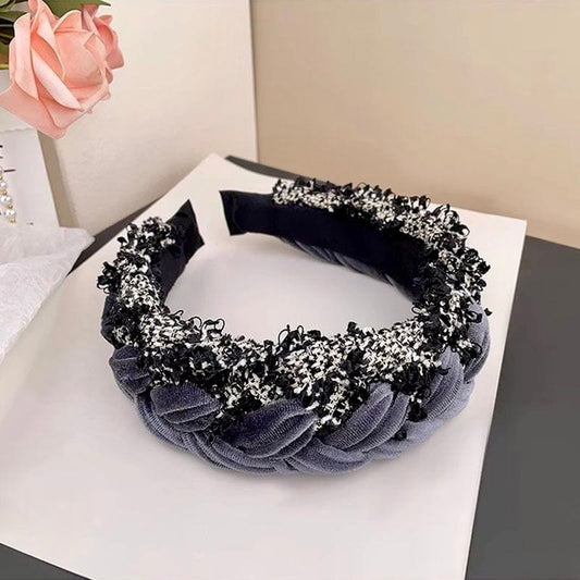 Slate Gray Velvet Braided Headband – Beaded Elegance in Timeless Style