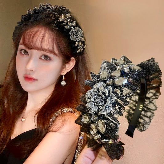Midnight Rose Flower Diamond Lace Headband – Luxury Black Crystal Hairband