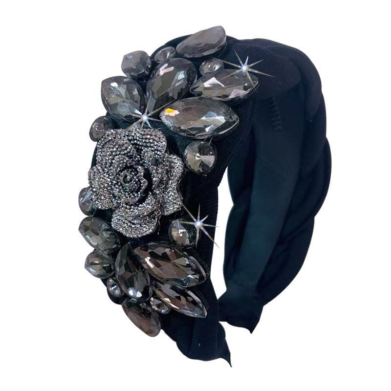 Large French Rhinestone Rose Headband – Luxury Black Crystal Statement Hairband