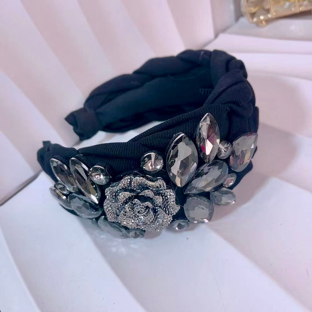 Large French Rhinestone Rose Headband – Luxury Black Crystal Statement Hairband