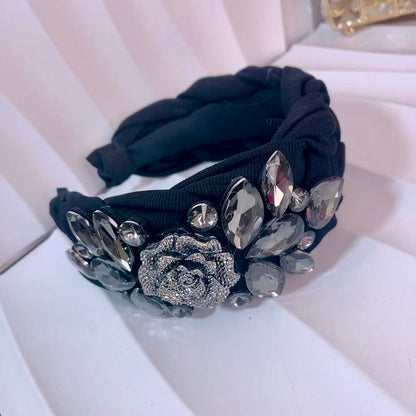 Large French Rhinestone Rose Headband – Luxury Black Crystal Statement Hairband