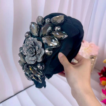 Large French Rhinestone Rose Headband – Luxury Black Crystal Statement Hairband