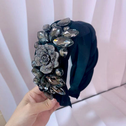 Large French Rhinestone Rose Headband – Luxury Black Crystal Statement Hairband