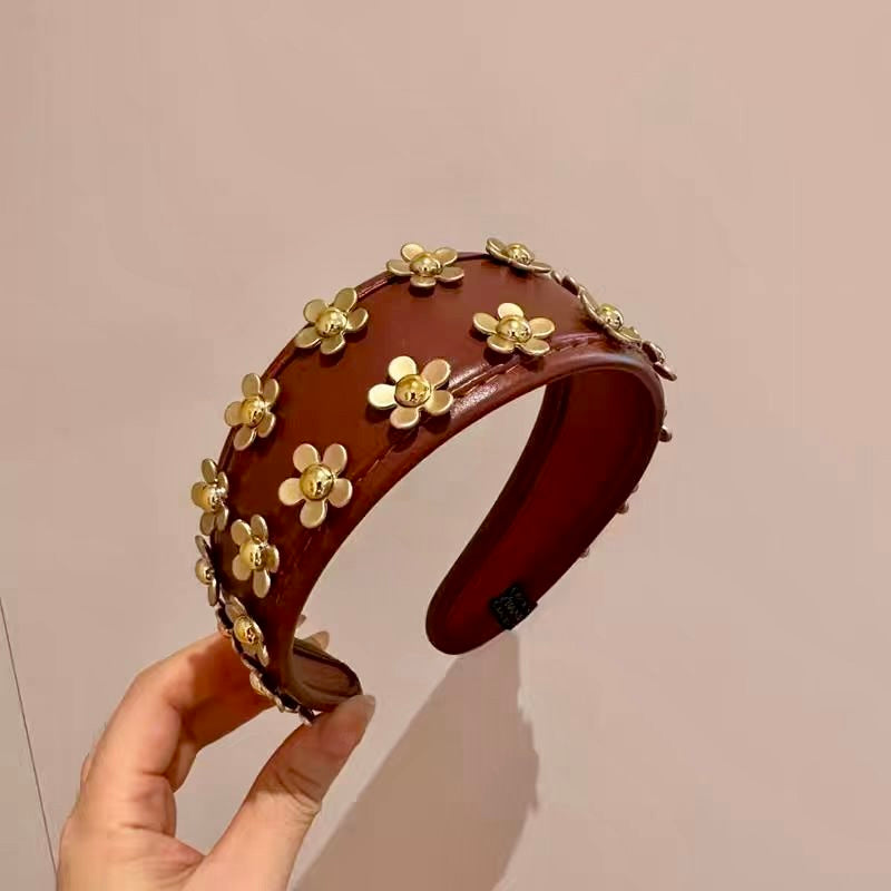 Handmade 3D Flower Studded Faux Leather Headband – Luxury Brown Statement Hairband