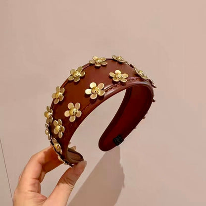 Handmade 3D Flower Studded Faux Leather Headband – Luxury Brown Statement Hairband
