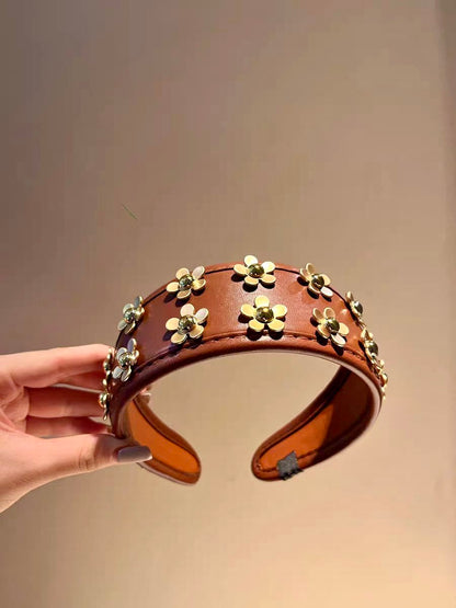 Handmade 3D Flower Studded Faux Leather Headband – Luxury Brown Statement Hairband