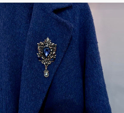 Opulent Crystal Statement Brooch – Exquisite Blue Teardrop Gem with Floral Crystal Detailing | Luxury Accent Brooch for Couture Styling