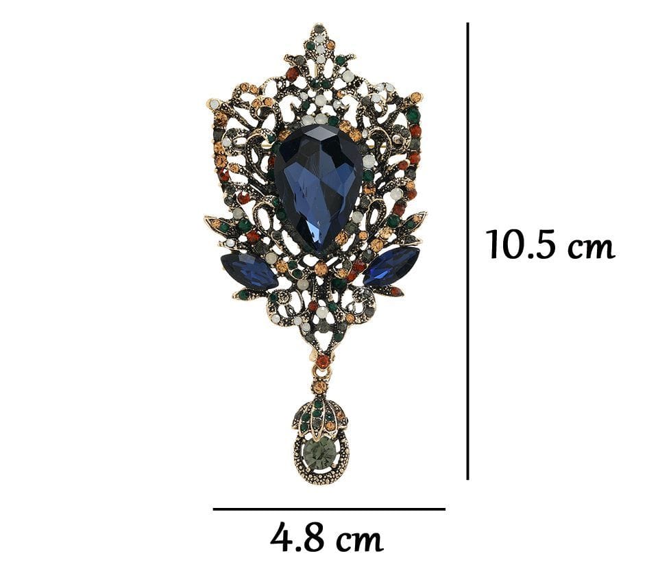 Opulent Crystal Statement Brooch – Exquisite Blue Teardrop Gem with Floral Crystal Detailing | Luxury Accent Brooch for Couture Styling