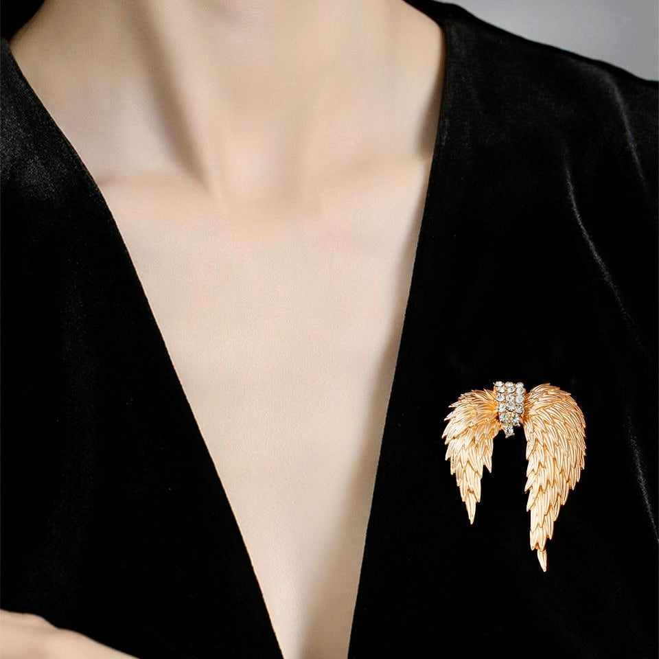 Celestial Gold Wing Brooch – Regal Crystal-Embellished Angel Wings in Dull Gold Finish | Luxury Statement Brooch for Distinguished Styling