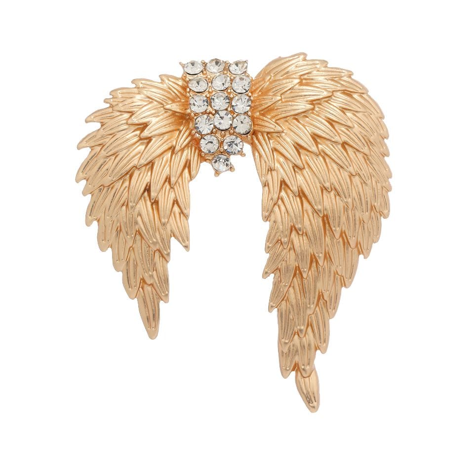 Celestial Gold Wing Brooch – Regal Crystal-Embellished Angel Wings in Dull Gold Finish | Luxury Statement Brooch for Distinguished Styling