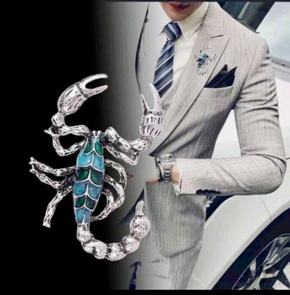 Scorpion Couture Brooch – Silver-Tone Sculptural Scorpion with Teal Enamel | High-Fashion Statement Lapel Accent