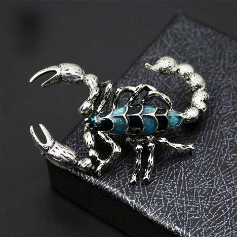 Scorpion Couture Brooch – Silver-Tone Sculptural Scorpion with Teal Enamel | High-Fashion Statement Lapel Accent