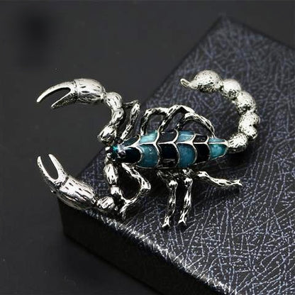 Scorpion Couture Brooch – Silver-Tone Sculptural Scorpion with Teal Enamel | High-Fashion Statement Lapel Accent