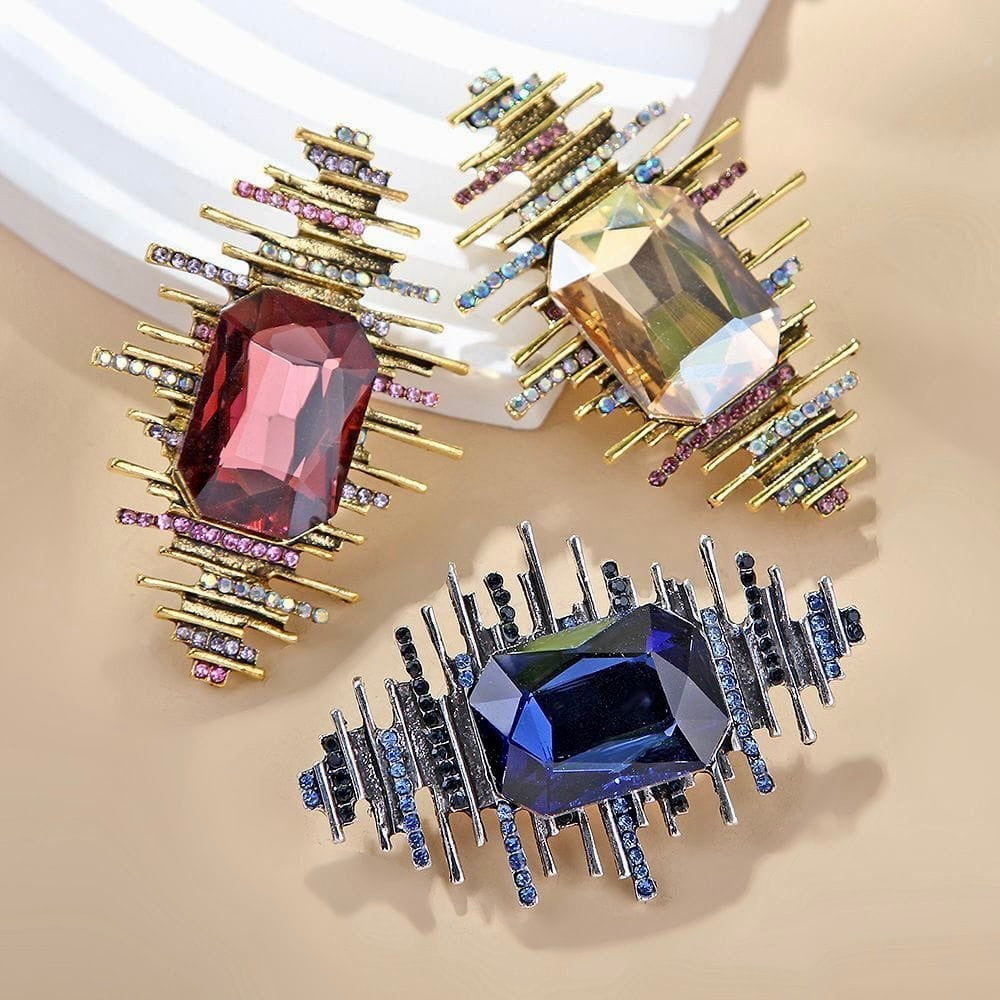Imperial Prism Bar Brooch – Champagne Gold, Royal Blue & Garnet Crystal Statement