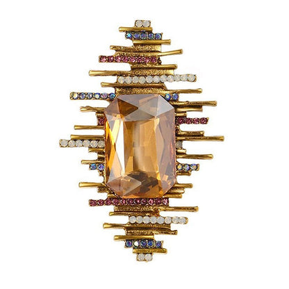 Imperial Prism Bar Brooch – Champagne Gold, Royal Blue & Garnet Crystal Statement