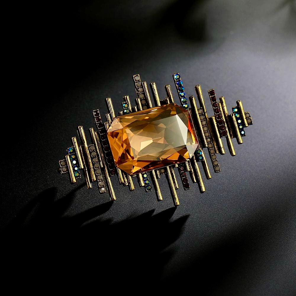 Imperial Prism Bar Brooch – Champagne Gold, Royal Blue & Garnet Crystal Statement