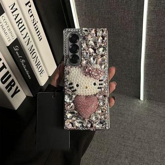 Luxury Crystal Kitty Pearl Case for Samsung Galaxy Z Fold 5 & Z Fold 6 – 3D Rhinestone Bling Protective Cover
