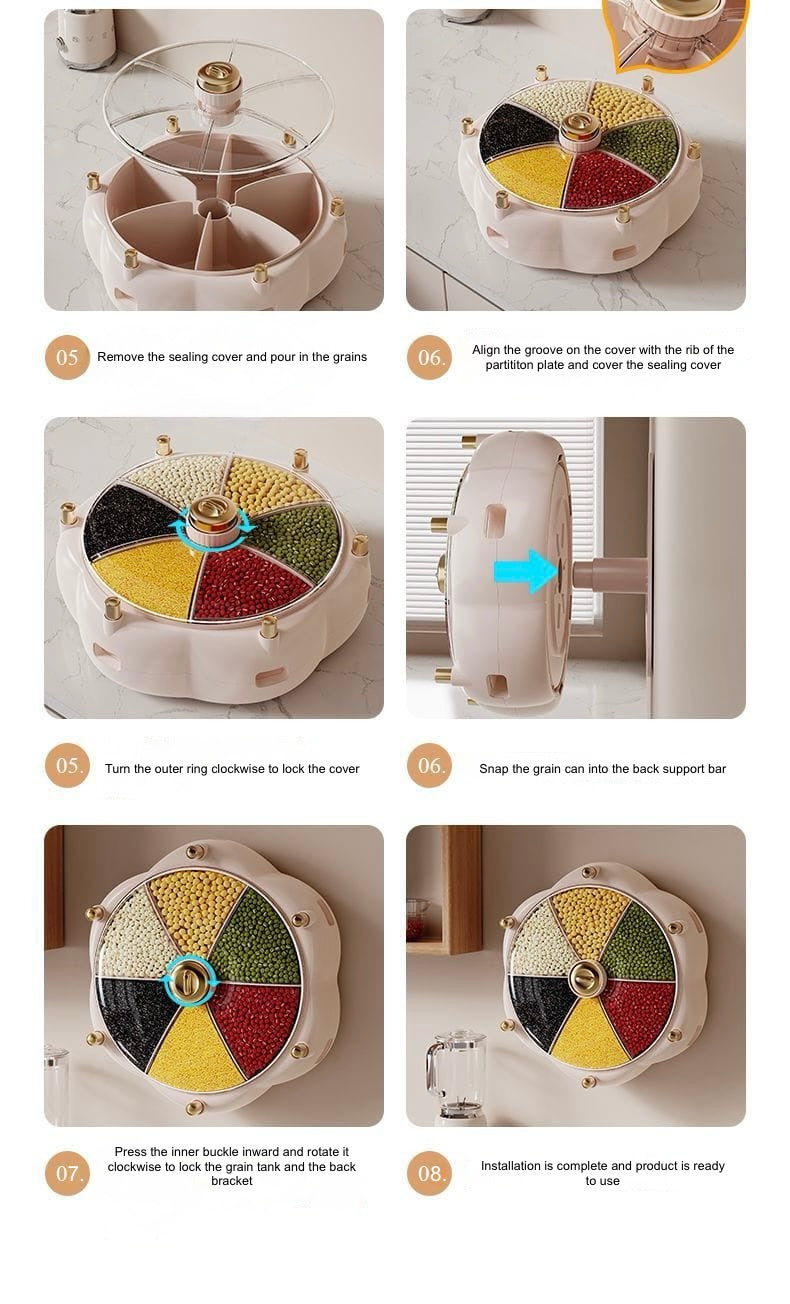 Wall-mounted grain storage box rotating partition:6-Compartment Multi-Grain Dispenser for Kitchen Organization