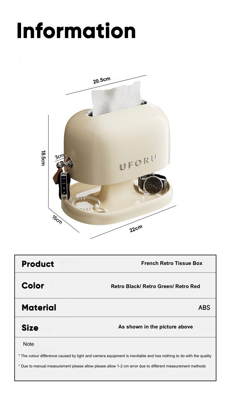 UFORU French Retro Tissue Box with dimensions and material details on a white background
