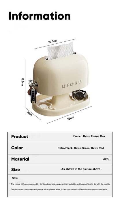 UFORU French Retro Tissue Box with dimensions and material details on a white background