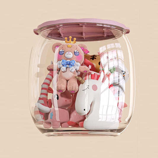 Cute plush toys in a transparent jar on a beige background
