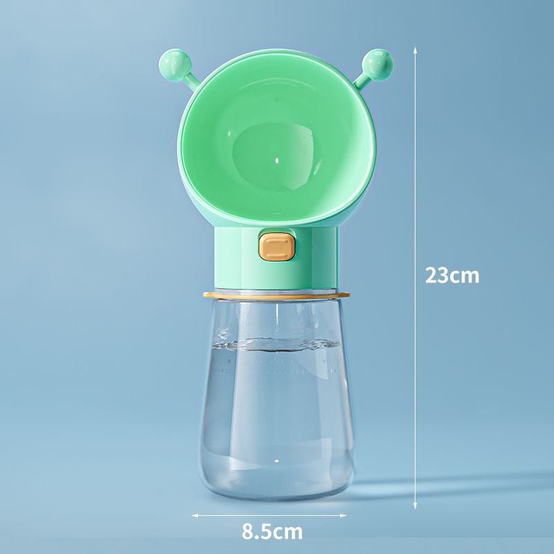 Green pet water bottle with measurement details on a blue background