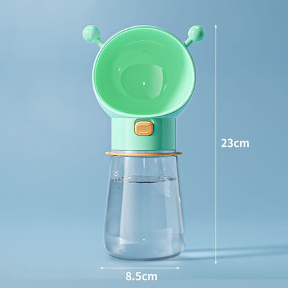 Green pet water bottle with measurement details on a blue background