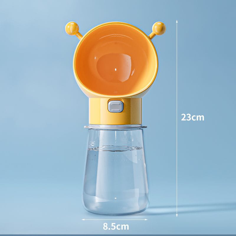 Yellow and orange pet water bottle with measurements on a blue background