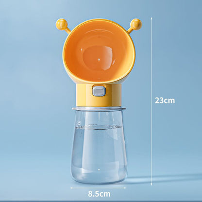 Yellow and orange pet water bottle with measurements on a blue background