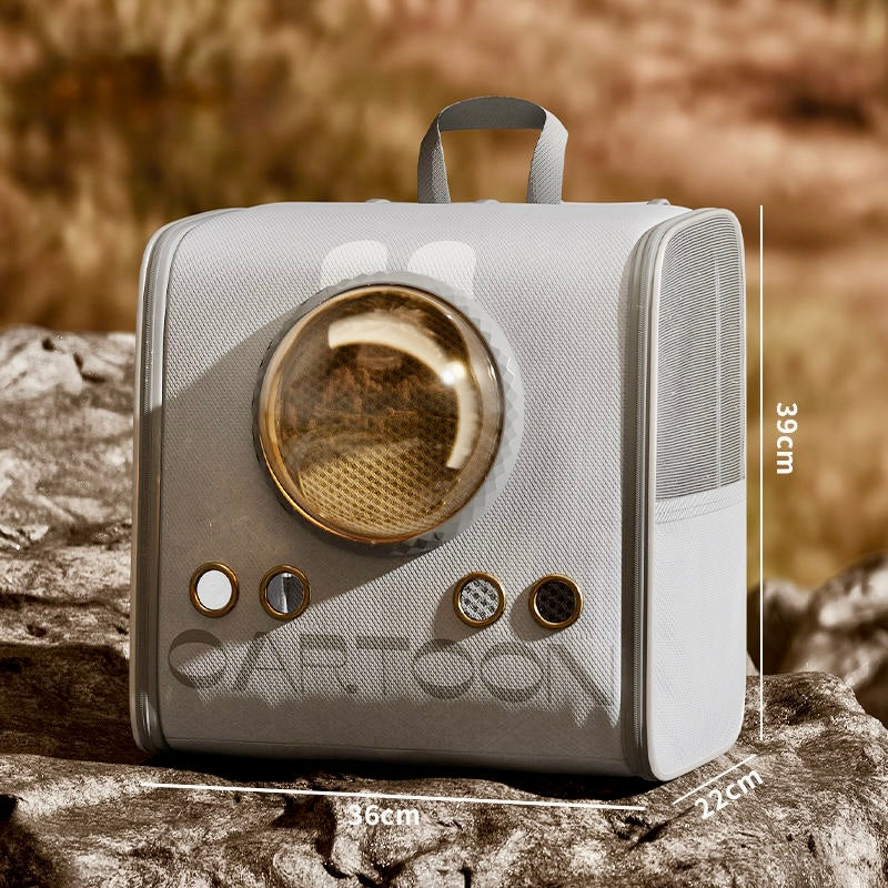 Vintage-style radio-shaped pet carrier with measurements on a natural background