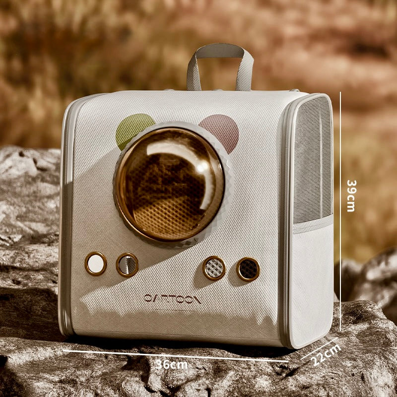 Vintage-style radio-shaped bag with cartoon branding on a stone surface