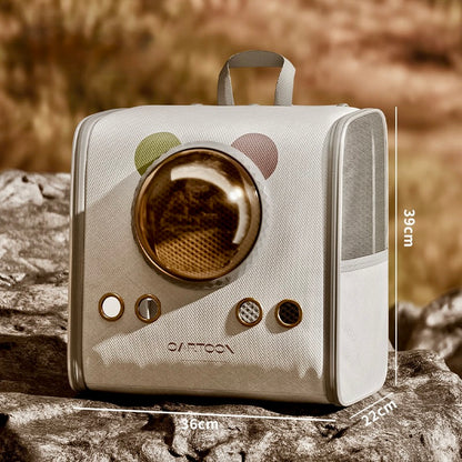 Vintage-style radio-shaped bag with cartoon branding on a stone surface