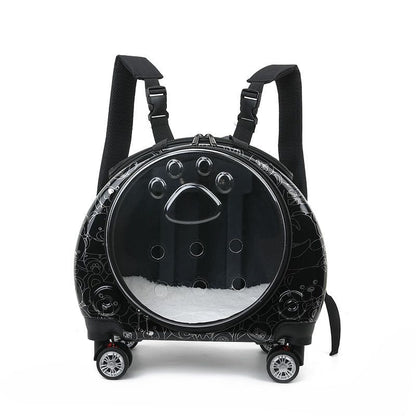Black and transparent round backpack with wheels on a white background