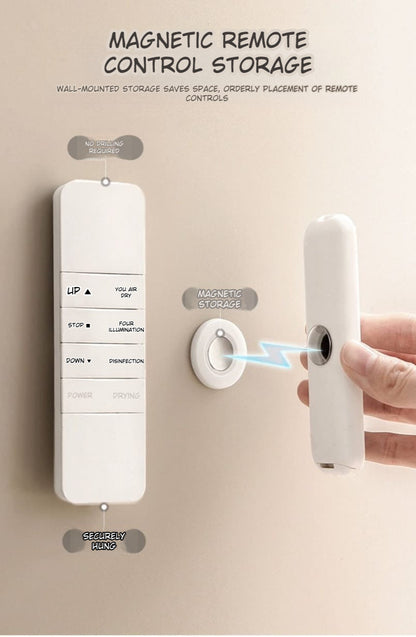 Magnetic remote control storage system with a hand demonstrating its use.