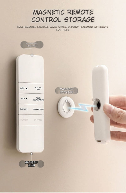 Magnetic remote control storage system with a hand demonstrating its use.