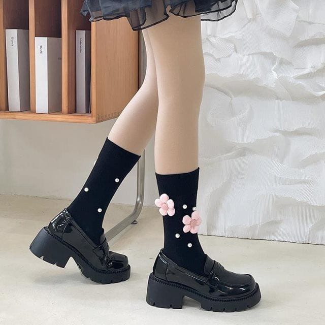 Pearl Flower Calf Socks for Women – White & Black | Cute Embroidered Socks with Pearls