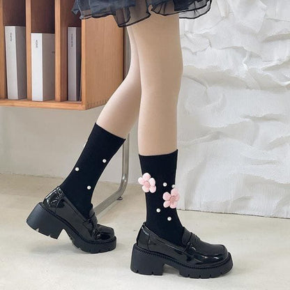 Pearl Flower Calf Socks for Women – White & Black | Cute Embroidered Socks with Pearls