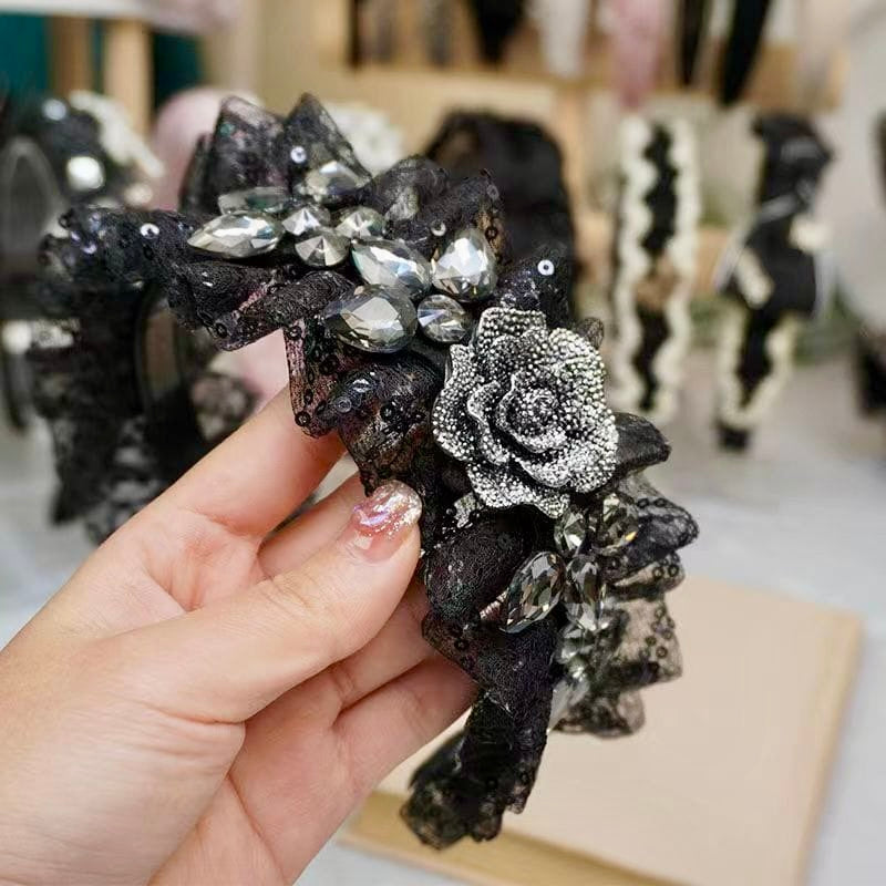 Midnight Rose Flower Diamond Lace Headband – Luxury Black Crystal Hairband